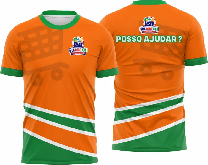 Camiseta unissex branca com logo no peito e estampa grande nas costas, tema Supermercado Modelo 06, perfeita para uso casual e eventos temáticos.