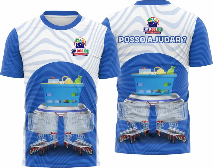 Camiseta unissex preta com logo no peito e estampa grande nas costas, inspirada no tema Camisa para Supermercado Modelo 07 moderna e estilosa.