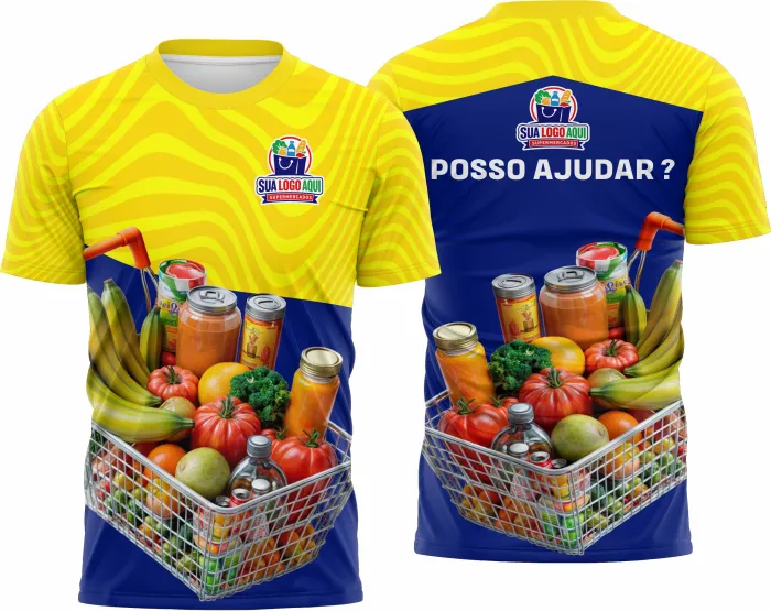 Camiseta unissex branca com logo no peito e estampa grande nas costas com tema de supermercado, estilosa e confortável para uso casual e profissional.