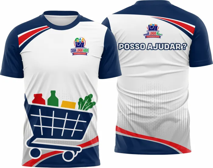 Camiseta unissex preta com logo no peito e estampa grande nas costas mostrando tema de supermercado modelo 09, ideal para uniformes com design moderno e vibrante.