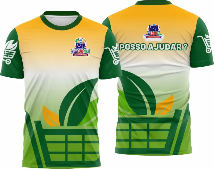 Camiseta unissex branca com logo no peito e estampa grande nas costas, tema Supermercado Modelo 10, design moderno ideal para uso diário.