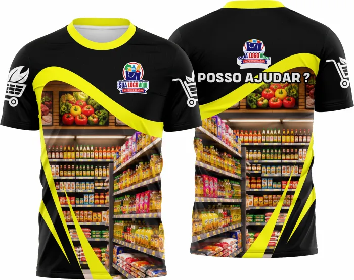 Camiseta unissex preta com logo no peito e estampa grande nas costas inspirada em supermercado modelo 11, perfeita para quem gosta de estilo casual e moderno.