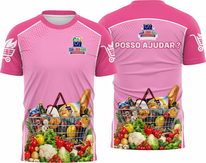 Camiseta unissex branca com logo no peito e estampa grande nas costas, design inspirado no tema Supermercado Modelo 12, ideal para uso casual e profissional.