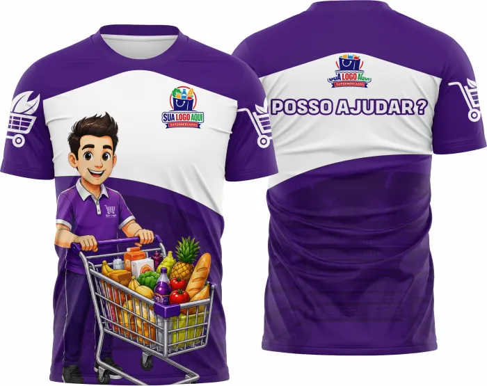 Camiseta unissex branca com logo no peito e estampa grande nas costas de supermercado, com elementos gráficos do Modelo 13, ideal para equipes.