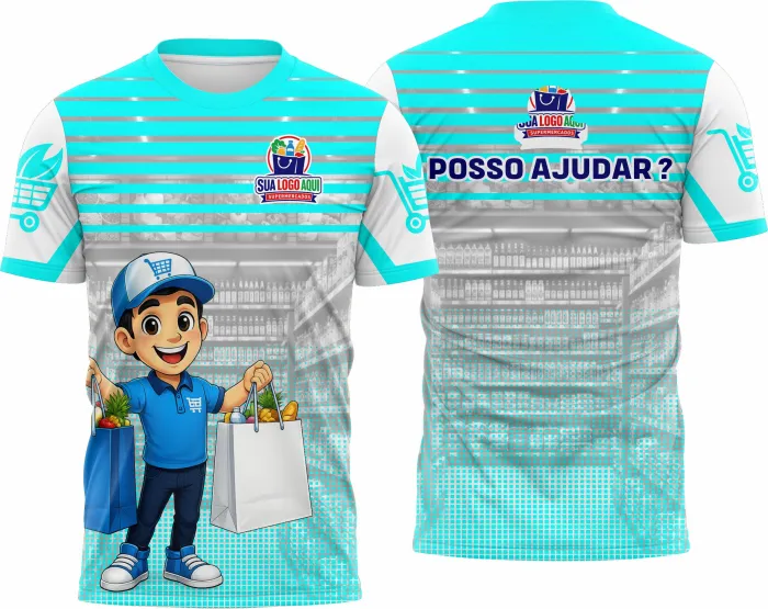 Camiseta unissex branca com logo no peito e estampa grande nas costas inspirada em supermercado, perfeita para estilo casual e moderno.