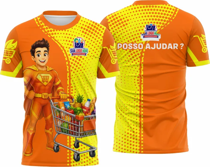 Camiseta unissex branca com logo no peito e estampa grande nas costas, tema Supermercado Modelo 15, perfeita para quem busca estilo e personalidade simples e moderna.