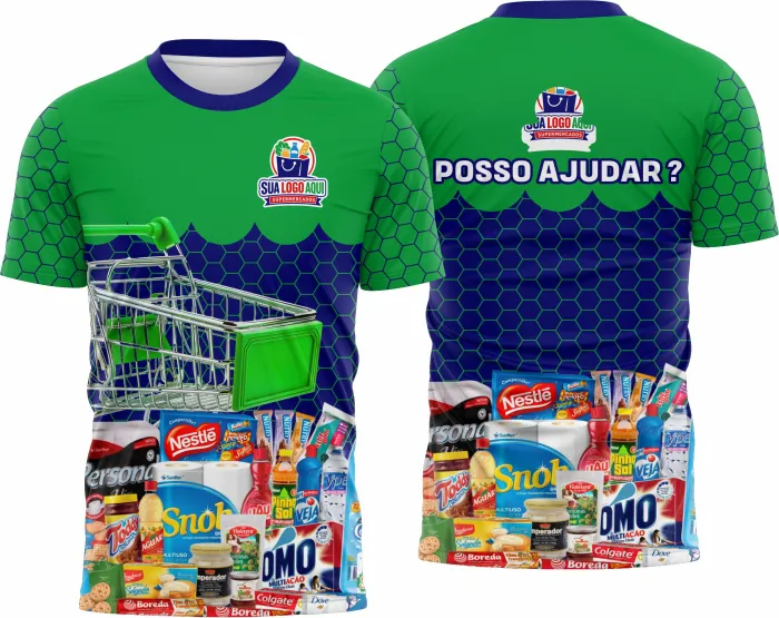 Camiseta unissex preta com logo no peito e estampa grande nas costas mostrando tema de supermercado Modelo 16, ideal para ambiente casual e trabalho.