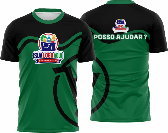 Camiseta unissex preta com logo no peito e estampa grande nas costas inspirada em supermercado, visual moderno e atrativo para todos os estilos.