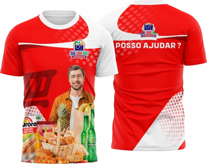 Camiseta unissex preta com logo no peito e estampa grande nas costas, inspirada no tema supermercado, perfeita para uso casual e eventos da área.