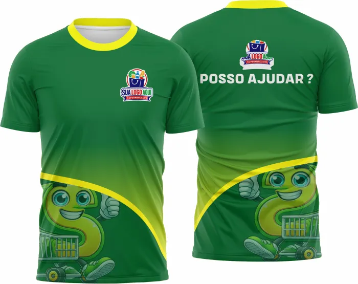 Camiseta unissex branca com logo de supermercado no peito e estampa grande nas costas de tema profissional para equipes de supermercado, Modelo 23.