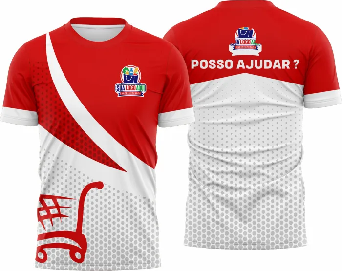 Camiseta unissex branca com logo no peito e estampa grande nas costas de supermercado modelo 24, confortável para uso diário e visual moderno.
