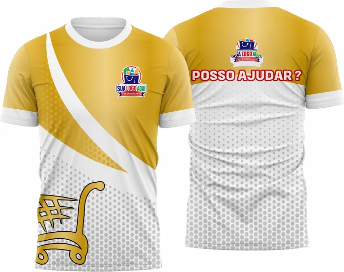 Camiseta unissex branca com logo no peito e estampa grande nas costas, inspirada em supermercado modelo 25, ideal para quem busca estilo e conforto no dia a dia.