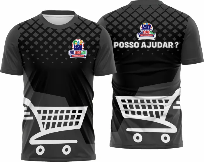 Camiseta unissex preta com logo no peito e estampa grande nas costas destacando tema Supermercado Modelo 27, design moderno e atraente para uso casual e eventos.