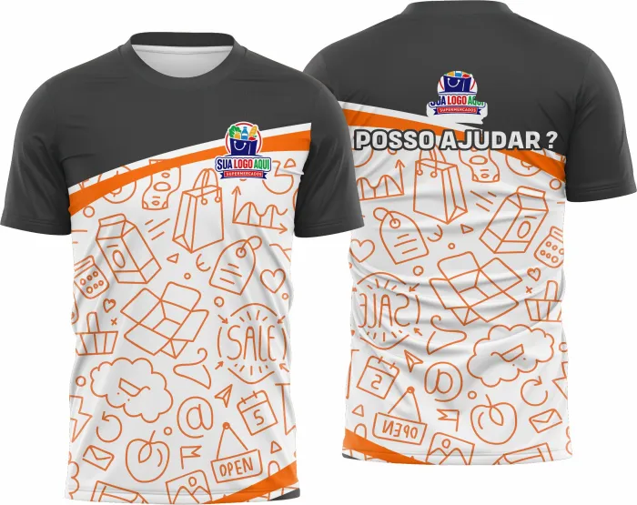 Camiseta unissex branca com logo no peito e estampa grande nas costas inspirada em supermercado modelo 28, ideal para usar casual ou no trabalho, com visual moderno e atraente.