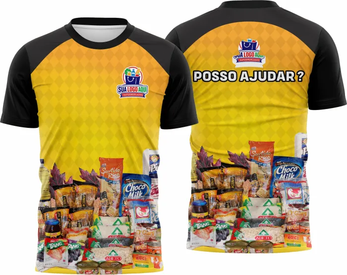 Camiseta unissex branca com logo no peito e estampa grande nas costas de supermercado, modelo 29, ideal para uso casual ou uniforme.