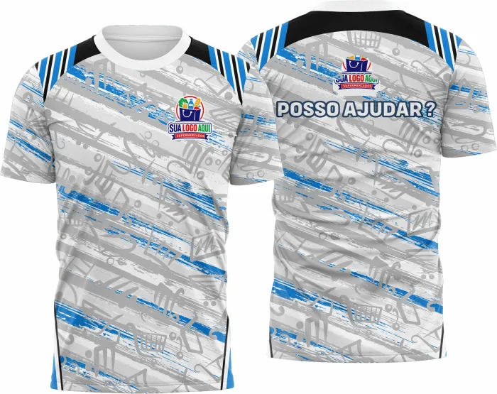Camiseta unissex preta com logo no peito e estampa grande nas costas exibindo tema de supermercado no estilo Modelo 31, perfeita para uso casual e profissional.