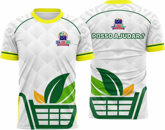 Camiseta unissex branca com logo no peito e estampa grande nas costas baseada no Supermercado Modelo 32, design moderno e atraente para uso casual e profissional.