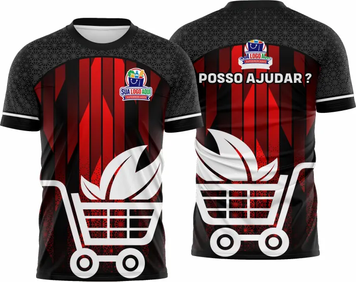 Camiseta unissex preta com logo no peito e estampa grande nas costas, representando design exclusivo de camisa para supermercado modelo 33, ideal para uso casual ou promocional.
