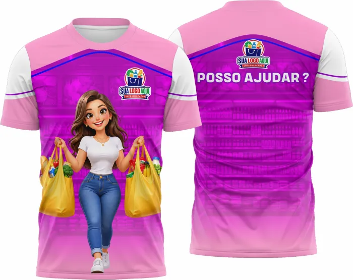 Camiseta unissex branca com logo no peito e estampa grande nas costas com tema de supermercado, modelo 35, design moderno e vibrante, ideal para uso casual ou profissional.