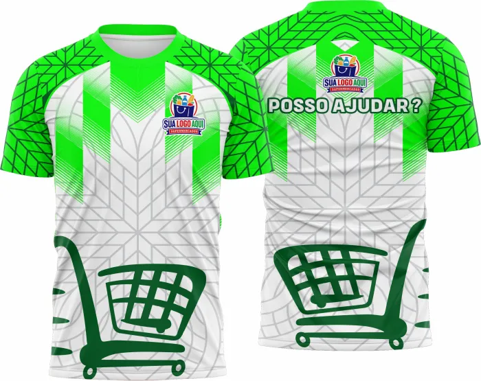 Camiseta unissex branca com logo no peito e estampa grande nas costas com tema de supermercado modelo 36, ideal para identificação em ambientes de varejo.