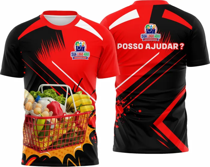 Camiseta unissex preta com logo no peito e estampa grande nas costas sobre o tema supermercado, mostrando uma peça moderna e confortável ideal para ambientes de trabalho.