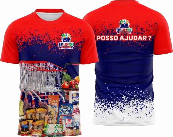 Camiseta unissex preta com logo no peito e estampa grande nas costas, tema Supermercado Modelo 38, visual moderno e casual para uso diário e trabalho.