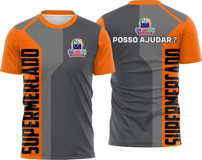 Camiseta unissex preta com logo no peito e estampa grande nas costas, tema supermercado Modelo 39, visual moderno e impactante.