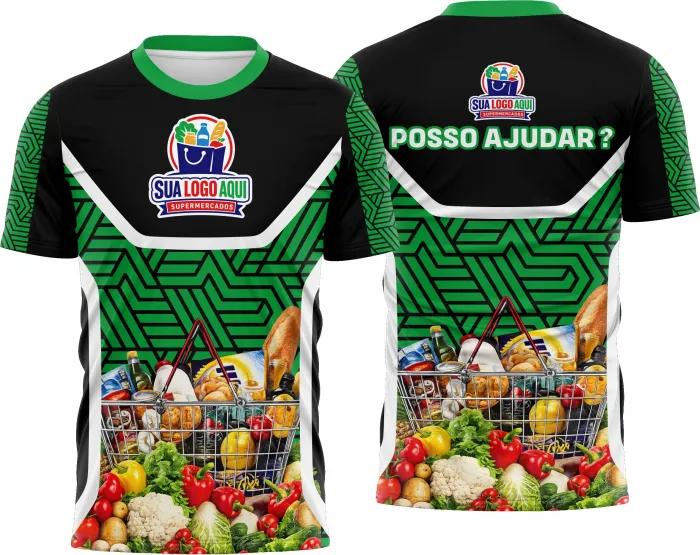 Camiseta unissex branca com logo no peito e estampa grande nas costas, exibindo o design moderno e profissional do Supermercado Modelo 40.