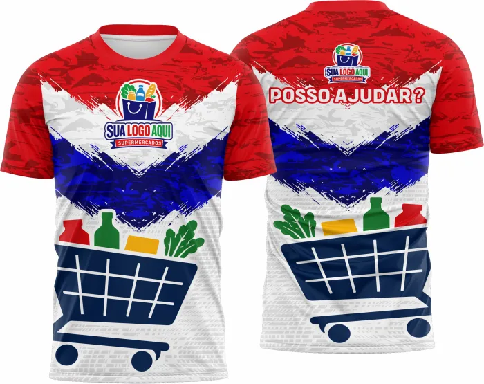 Camiseta unissex preta com logo no peito e estampa grande nas costas, mostrando tema supermercadista inspirado no Modelo 41, ideal para uso casual ou em eventos corporativos.