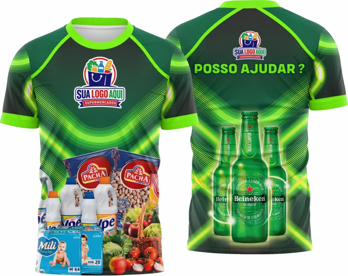 Camiseta unissex branca com logo pequeno no peito e estampa grande nas costas, exibindo design moderno e profissional para equipe de supermercado.