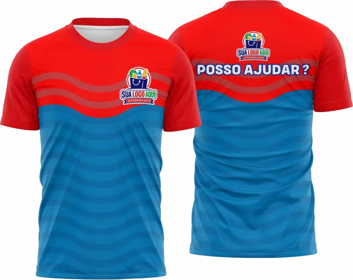 Camiseta unissex branca com logo no peito e estampa grande nas costas, destacando o tema para supermercado Modelo 43, perfeita para uso casual e profissional. Visual moderno e atraente.