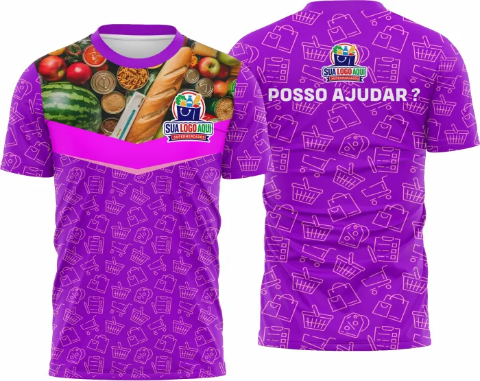 Camiseta unissex preta com logo no peito e estampa grande nas costas com design inspirado em supermercado modelo 44