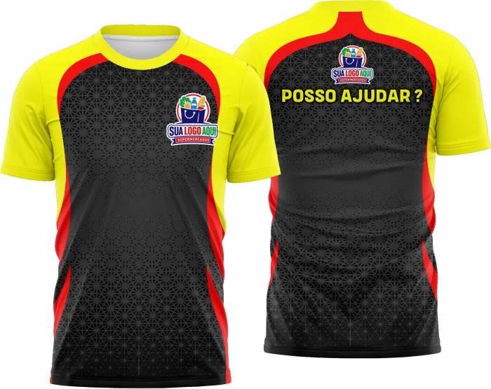 Camiseta unissex com base preta, logo no peito e estampa grande nas costas com temática de supermercado modelo 45, destaque perfeito para eventos e personalização.