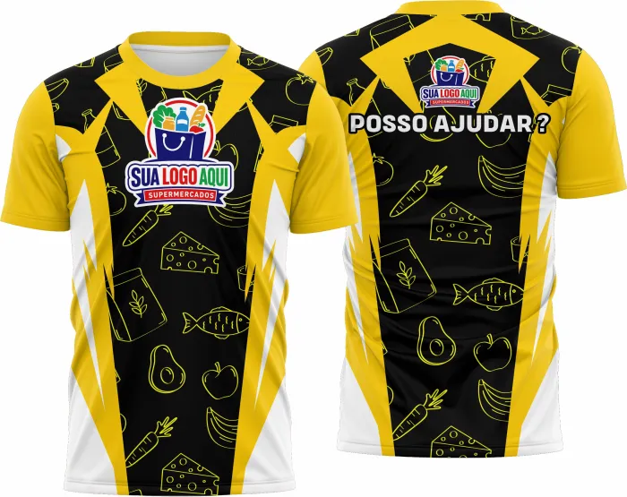 Camiseta unissex preta com logo no peito e estampa grande nas costas temática de supermercado modelo 46, ideal para visual moderno e casual.