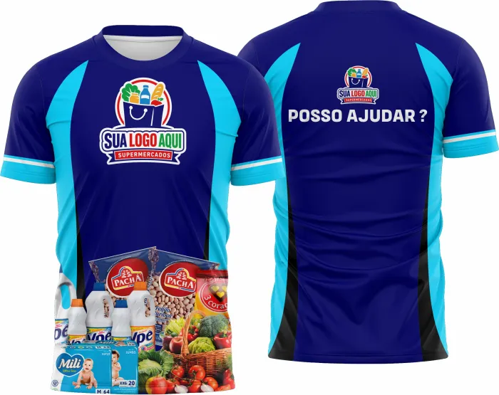 Camisa unissex preta com logo no peito e estampa grande nas costas temática de supermercado modelo 47, perfeita para destaque e estilo casual.