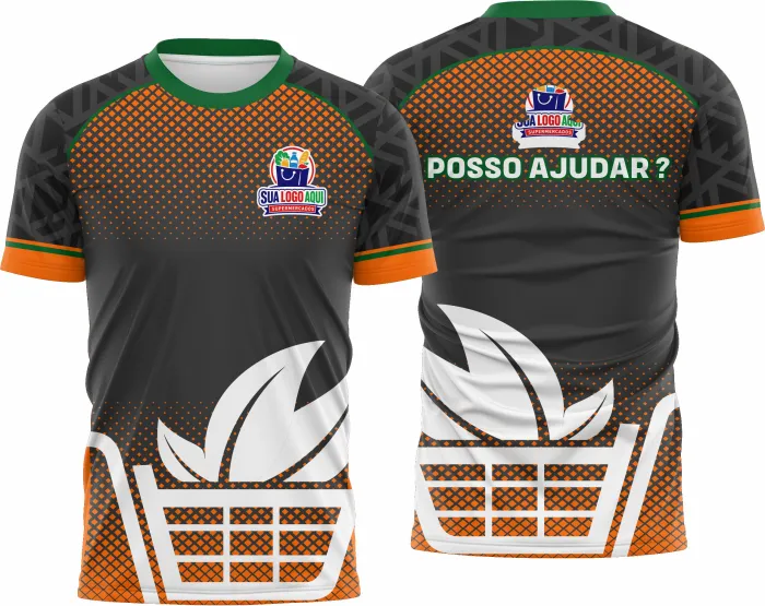 Camiseta unissex preta com logo no peito e estampa grande nas costas, design inspirado em supermercado Modelo 48, perfeita para uso profissional e casual.