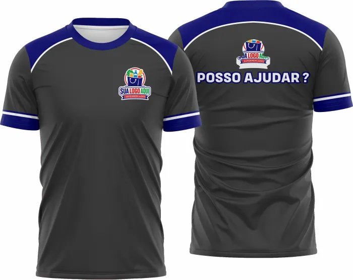 Camiseta unissex branca, logo no peito e estampa grande nas costas com tema Supermercado Modelo 49, perfeita para uso casual ou uniforme, confortável e estilosa.