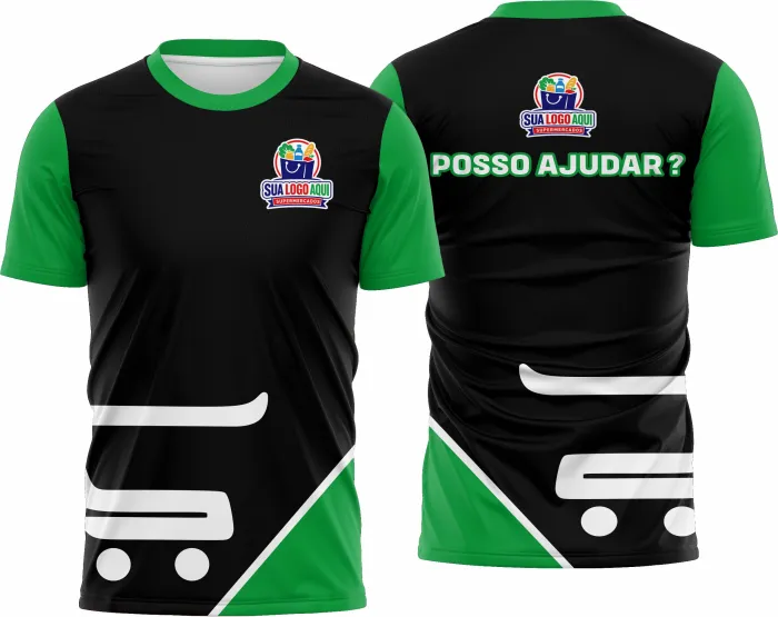 Camiseta unissex preta com logo no peito e estampa grande nas costas, tema Supermercado Modelo 50, visual moderno e atraente ideal para uso diário e promocional.