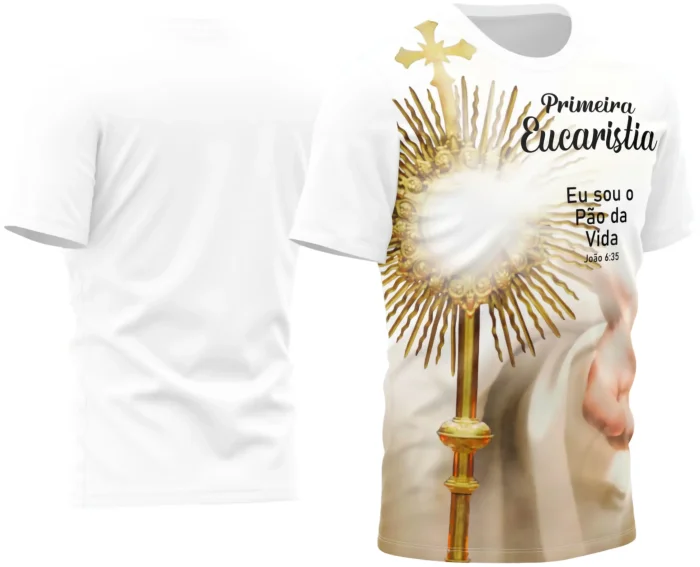 Camisa com logo no peito discreto e estampa grande nas costas, destacando símbolos religiosos e elementos que celebram a Primeira Comunhão, transmitindo fé e tradição com design harmonioso e elegante.