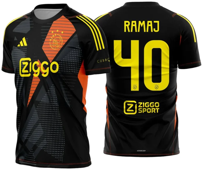 Uniforme de futebol personalizado, projetado para times amadores ou profissionais, com design moderno e arrojado. Apresenta uma combinação de cores contrastantes, logotipo ou escudo do time em destaque no peito, e detalhes gráficos na frente e nas mangas. Na parte traseira, há espaço para personalização com nome e número do jogador, garantindo identidade ao time. Ideal para jogos oficiais, amistosos ou competições, oferecendo estilo e funcionalidade