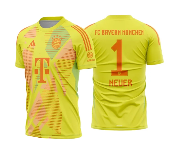 Uniforme de futebol personalizado, projetado para times amadores ou profissionais, com design moderno e arrojado. Apresenta uma combinação de cores contrastantes, logotipo ou escudo do time em destaque no peito, e detalhes gráficos na frente e nas mangas. Na parte traseira, há espaço para personalização com nome e número do jogador, garantindo identidade ao time. Ideal para jogos oficiais, amistosos ou competições, oferecendo estilo e funcionalidade.