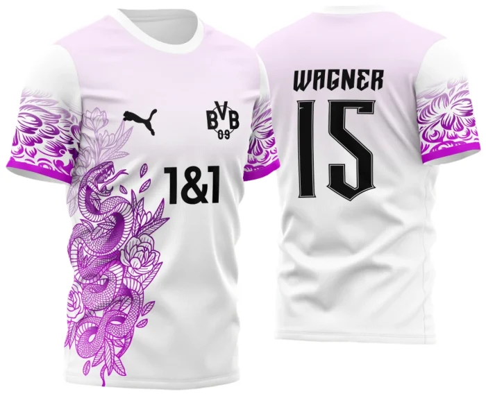 Camiseta unissex branca com logo no peito e estampa grande nas costas mostrando a imagem de uma cobra e o tema Borussia 2023 conceito em design marcante e moderno.