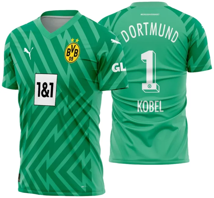 Camisa unissex preta com logo no peito e estampa grande nas costas do Borussia Dortmund Goleiro III 2023 - 2024, ideal para fãs do time destacarem seu estilo.