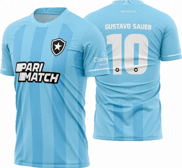 Camiseta unissex preta com logo do Botafogo no peito e estampa grande nas costas inspirada na camisa quarta 2023-2024, perfeita para torcedores que querem um visual moderno e estiloso.