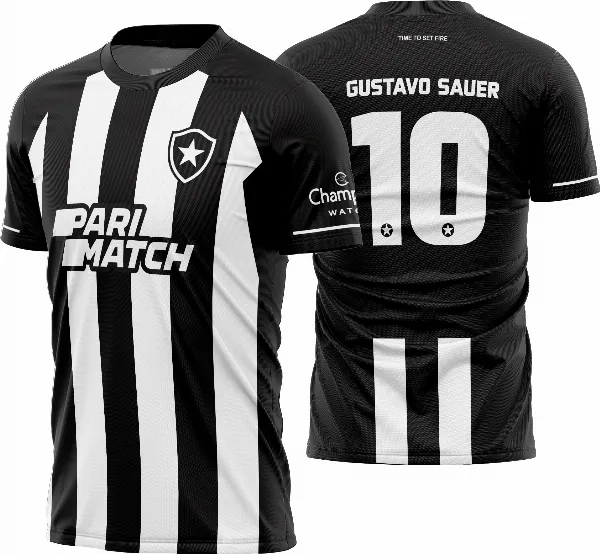 Camiseta unissex preta com logo no peito e estampa grande nas costas do Botafogo Titular 2023-2024, ideal para torcer com estilo e autenticidade.