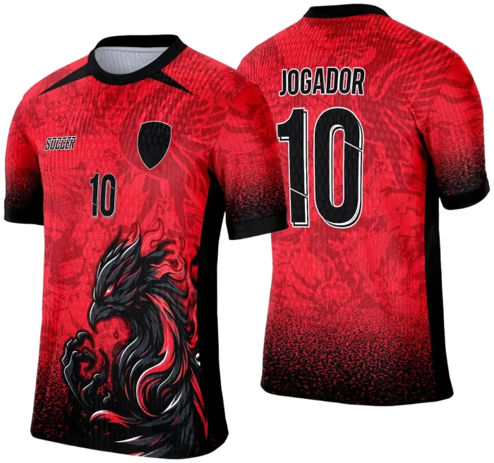 Camisa esportiva personalizada com design exclusivo, apresentando uma estampa gráfica detalhada na parte frontal, incorporando elementos artísticos como animais ou símbolos. O modelo inclui cores vibrantes e contrastantes, com detalhes adicionais como textos estilizados em diferentes idiomas. Na parte traseira, estão disponíveis personalizações com nome e número em destaque. Perfeita para jogos de interclasse, times amadores ou eventos esportivos personalizados.