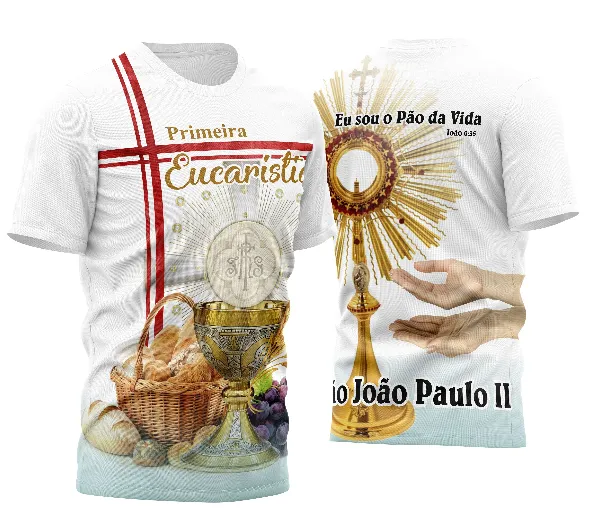 Camisa com logo no peito representando a Eucaristia e uma estampa grande nas costas ilustrando símbolos religiosos em design harmonioso e inspirador.