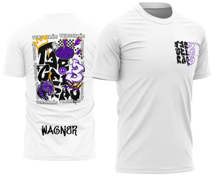 Camisa terçeiroman com logo no peito e estampa grande nas costas exibindo a Pantera Roxa, com cores vibrantes e design marcante para destacar a turma