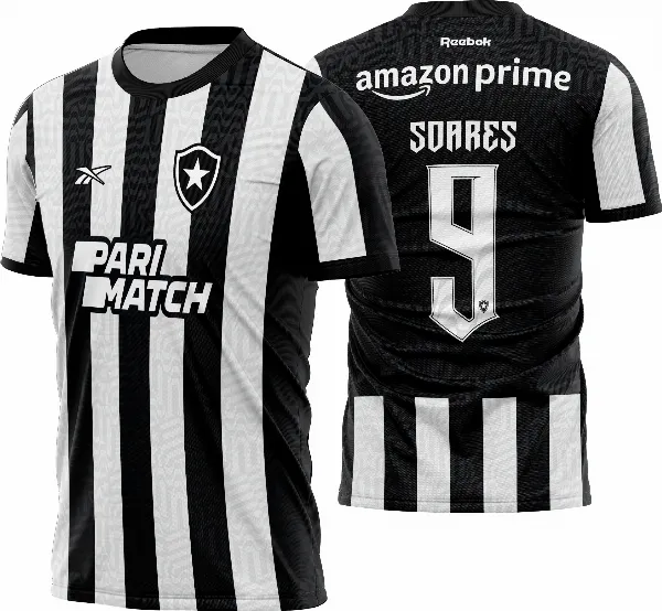 Camiseta unissex preta com logo no peito e estampa grande nas costas temática da Camisa Titular Reebok Botafogo 2023-24, ideal para torcedores e fãs do clube.