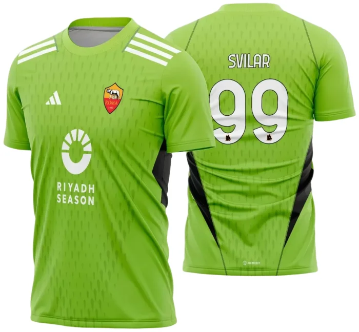 Camiseta unissex preta com logo no peito e estampa grande nas costas inspirada no goleiro AS Roma Goleiro II 2023 2024, ideal para torcedores que querem vestir com estilo e paixão.